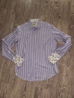 Robert Graham Purple Striped Dress Shirt with Floral Accent